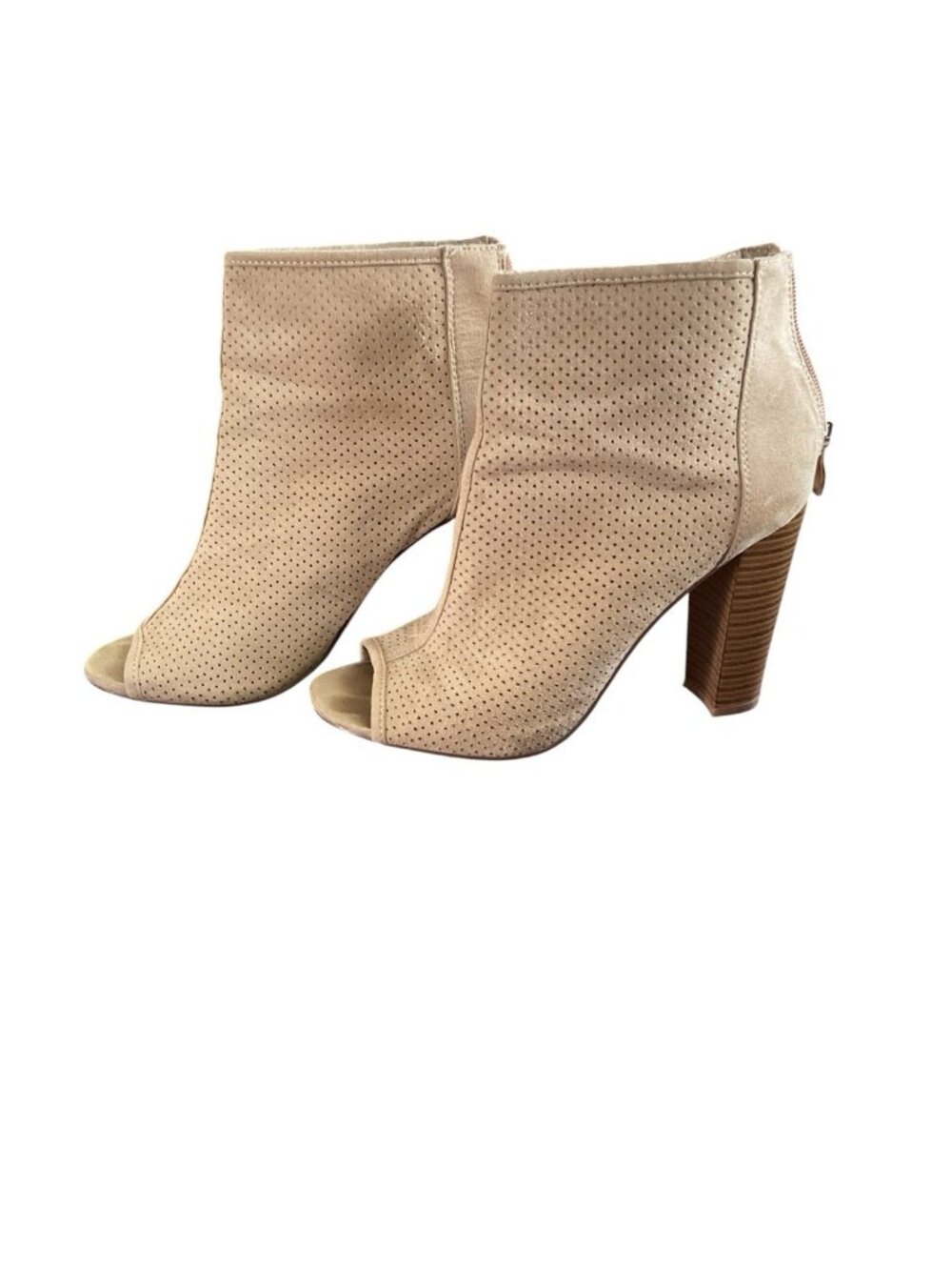 Shoe Dazzle Beige Perforated Peep-Toe Ankle Booties Open Toe Zip Up Size 8